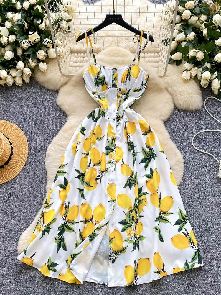 SINGREINY Lemon Print Beach Midi Dress Summer Women Spaghetti Strap A line Backless Split Korean Bohemian Floral Sundress
