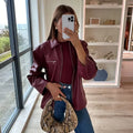 Zekye Spring Summer Women Jackets Fashion Lapel Zipper Long Sleeve Female Coats Lady Street Outwear Burgundy Leather Jacket