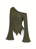 women's New off shoulder cross long sleeved slim fit casual street style asymmetrical elegant T-shirt trumpet sleeve top