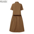 ZANZEA Womens Casual 2 Piece Sets Lace Trim Short Sleeve Crop Tops A-line Midi Skirts 2PCS Outfits Elegant Commute Skirt Sets