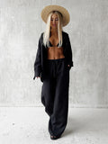 Bornladies Cotton Casual Pants Sets Women's Solid Color Cozy Lapel Long Sleeve Shirt Summer Outfit Elastic Waist Pants Suits