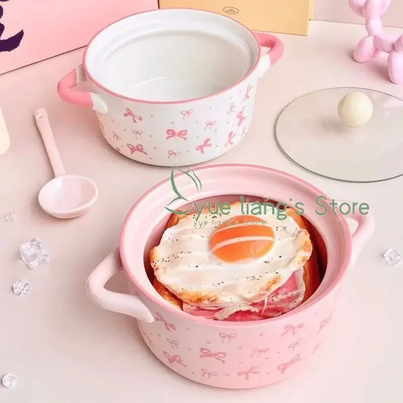 Pink Bow Double Ear Handle Bowl Ceramic Instant Noodles Bowl with Lid Cute Girl Heart Soup Bowl, High Beauty Household Rice Bowl