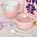 Pink Bow Double Ear Handle Bowl Ceramic Instant Noodles Bowl with Lid Cute Girl Heart Soup Bowl, High Beauty Household Rice Bowl