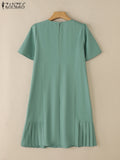 2025 ZANZEA Office Pleated Dresses Summer Women Short Sleeve Work OL Sundress Casual Solid Party Vestidos Knee-length Robe Femme