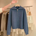 Zipper 100% pure cashmere cardigan ladies knitted coat thickened sweater lapel loose autumn and winter.