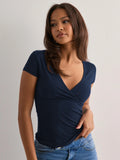 2025 Summer New Fashion Women's T-Shirt Solid-Color Slim-Fit V-Neck Short-Sleeve Top Y2k Clothing