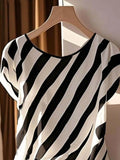 Women's Striped Print Tie Side Blouse, Casual Short Sleeve Round Neck Top for Summer, Ladies Clothes for Daily Wear