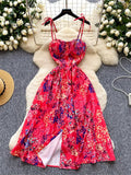 SINGREINY Lemon Print Beach Midi Dress Summer Women Spaghetti Strap A line Backless Split Korean Bohemian Floral Sundress