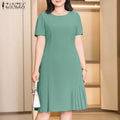 2025 ZANZEA Office Pleated Dresses Summer Women Short Sleeve Work OL Sundress Casual Solid Party Vestidos Knee-length Robe Femme
