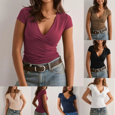 2025 Summer New Fashion Women's T-Shirt Solid-Color Slim-Fit V-Neck Short-Sleeve Top Y2k Clothing