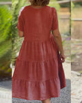 Cotton Linen Casual Women's Dresses 2025 Spring/Summer Sweet  Short Sleeve Solid V-neck Large Swing Loose Dress  S-5XL