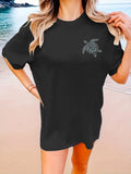 2024 New Cute Turtle Letter Printed T-shirt Summer Short Sleeved Round Neck Casual Top Pure Cotton Women's Fashion Clothing