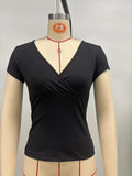 2025 Summer New Fashion Women's T-Shirt Solid-Color Slim-Fit V-Neck Short-Sleeve Top Y2k Clothing