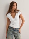 2025 Summer New Fashion Women's T-Shirt Solid-Color Slim-Fit V-Neck Short-Sleeve Top Y2k Clothing