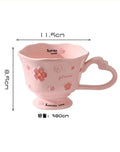 Sakura Relief Ceramic Mug with Spoon Pink Cute High Foot Design for Women Home Use Coffee Cup Souvenir Gift