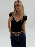 2025 Summer New Fashion Women's T-Shirt Solid-Color Slim-Fit V-Neck Short-Sleeve Top Y2k Clothing