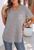 2025 Spring/Summer V-neck brushed texture ribbed solid color short-sleeved T-shirt for women