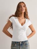 2025 Summer New Fashion Women's T-Shirt Solid-Color Slim-Fit V-Neck Short-Sleeve Top Y2k Clothing