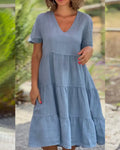 Cotton Linen Casual Women's Dresses 2025 Spring/Summer Sweet  Short Sleeve Solid V-neck Large Swing Loose Dress  S-5XL