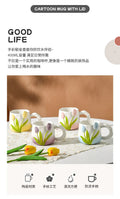 Tulip Ceramic Mug with Lid & Spoon 400ml Coffee Tea Cup, Valentine's Day/Teachers Day Gifts for Couples, Women, Home Office Use