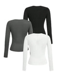 Women's solid-color long-sleeved T-shirt - Polyester knitted fabric, round neck, regular fit, fall-winter style
