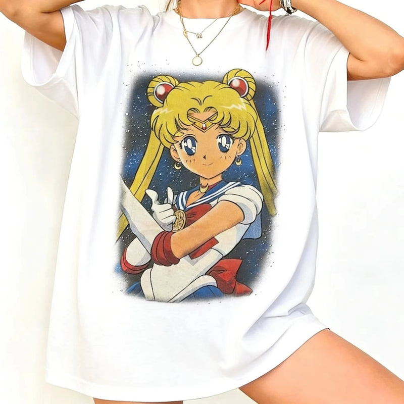 2026 Pretty Girl Warrior Retro 90s Anime Printed T-shirt Summer Women's T-shirt Street Style Casual Trendy Short Sleeve Tops