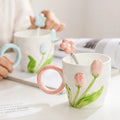 500ml 3D Tulip Pattern Ceramics Mug with Spoon Hand Carved Comfortable handle Coffee Cup Breakfast Milk oatmeal cup Girl Gift
