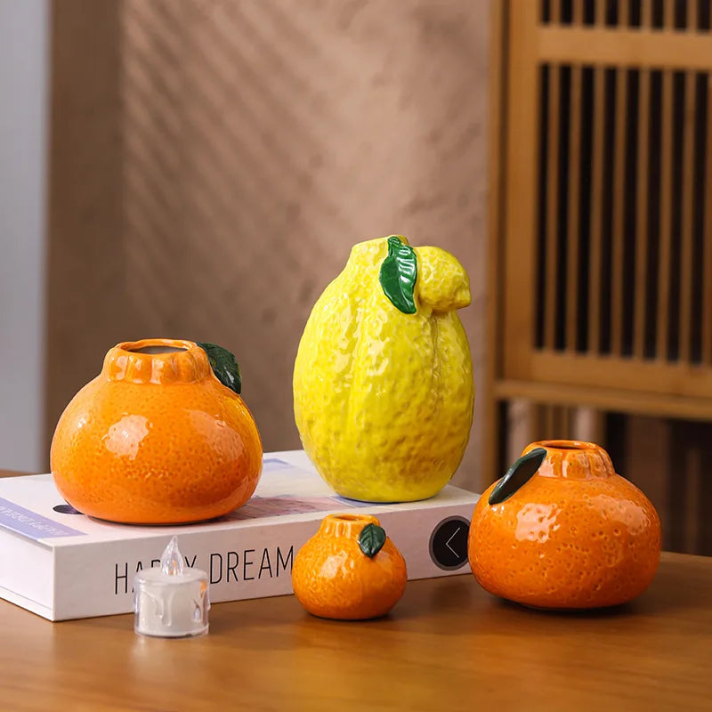 Orange Lemon Vase Fruit Shaped Desktop Decorations Ceramic Vase Flower Arrangement Hydroponic Plants Flower Pot Ornament Crafts