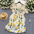 SINGREINY Lemon Print Beach Midi Dress Summer Women Spaghetti Strap A line Backless Split Korean Bohemian Floral Sundress