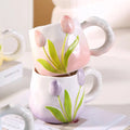 Tulip Ceramic Mug with Lid & Spoon 400ml Coffee Tea Cup, Valentine's Day/Teachers Day Gifts for Couples, Women, Home Office Use