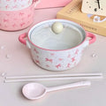 Pink Bow Double Ear Handle Bowl Ceramic Instant Noodles Bowl with Lid Cute Girl Heart Soup Bowl, High Beauty Household Rice Bowl