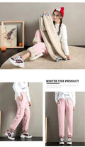 Women's Fleece Lined Joggers Winter Plush Pants High Waist Adjustable Drawstring Lounge Street Comfortable Casual Trousers