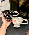 Sakura Relief Ceramic Mug with Spoon Pink Cute High Foot Design for Women Home Use Coffee Cup Souvenir Gift