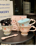 Sakura Relief Ceramic Mug with Spoon Pink Cute High Foot Design for Women Home Use Coffee Cup Souvenir Gift