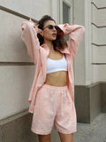 Bornladies Cotton Casual Pants Sets Women's Solid Color Cozy Lapel Long Sleeve Shirt Summer Outfit Elastic Waist Pants Suits