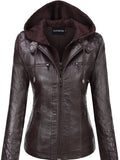 Hooded Leather Jacket Two-Piece Set Removable Large Size Leather Jacket for Women Spring & Fall Outwear for Women Pu Washed Leather