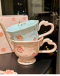 Sakura Relief Ceramic Mug with Spoon Pink Cute High Foot Design for Women Home Use Coffee Cup Souvenir Gift