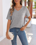 2025 Spring/Summer V-neck brushed texture ribbed solid color short-sleeved T-shirt for women