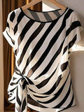 Women's Striped Print Tie Side Blouse, Casual Short Sleeve Round Neck Top for Summer, Ladies Clothes for Daily Wear