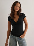 2025 Summer New Fashion Women's T-Shirt Solid-Color Slim-Fit V-Neck Short-Sleeve Top Y2k Clothing