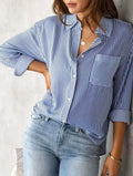 Classic Blue Striped Shirt Women 2026 Spring Streetwear Vintage Long Sleeve Blouses Female Casual Loose Single-Breasted Shirts