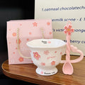 Sakura Relief Ceramic Mug with Spoon Pink Cute High Foot Design for Women Home Use Coffee Cup Souvenir Gift