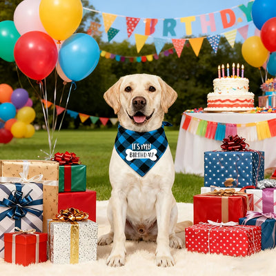 Dog Birthday Bandana Plaid Triangle Scarf IT'S MY BIRTHDAY Pet Birthday Outfit for Small Medium Large Dogs Puppy Birthday Party