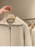 Zipper 100% pure cashmere cardigan ladies knitted coat thickened sweater lapel loose autumn and winter.