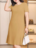 2025 ZANZEA Office Pleated Dresses Summer Women Short Sleeve Work OL Sundress Casual Solid Party Vestidos Knee-length Robe Femme