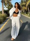 Bornladies Cotton Casual Pants Sets Women's Solid Color Cozy Lapel Long Sleeve Shirt Summer Outfit Elastic Waist Pants Suits