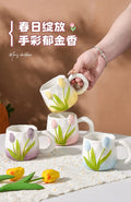 Tulip Ceramic Mug with Lid & Spoon 400ml Coffee Tea Cup, Valentine's Day/Teachers Day Gifts for Couples, Women, Home Office Use