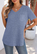2025 Spring/Summer V-neck brushed texture ribbed solid color short-sleeved T-shirt for women
