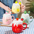 Cute Design With Lid Strawberry Mug Pink Color 450ML Capacity Coffee Mug Heart Art Easy To Clean Porcelain Mug Office Use