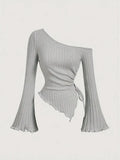 women's New off shoulder cross long sleeved slim fit casual street style asymmetrical elegant T-shirt trumpet sleeve top